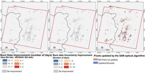 Figure 8. Illustrates the processed Sentinel-1 VH imagery on the left column over a selected MCD64A1 burn pixel for the month of April at native resolution. The right column shows the difference image (i.e. 1 April minus 20 March) for the 100 m resampled data. The maximum decrease in backscatter occurred between 1 April and 13 April, suggesting the burn date falls within this range. For quality control, the date of burn is further refined based on MODIS DoY burn and associated DoY uncertainty (in days).