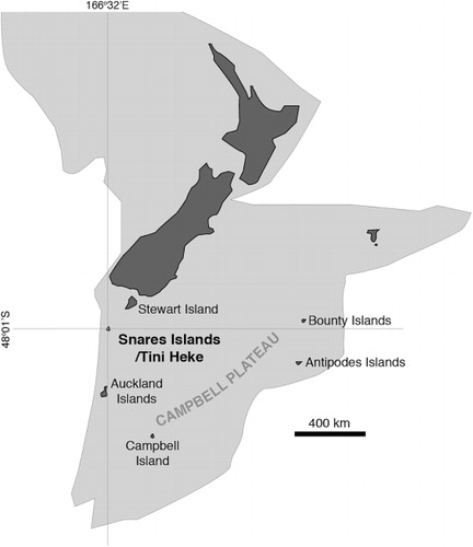 Figure 1 Location of New Zealand's Sub-Antarctic islands on the Campbell Plateau. Continental crust above sea level is dark grey; continental crust below sea level is light grey; oceanic crust is white.