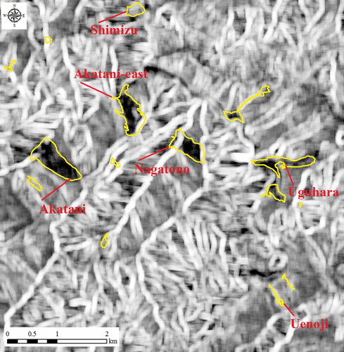 Figure 10. Intensity correlation derived from COSMO-SkyMed image with a 25 × 25 moving window (yellow polygons: landslide areas).