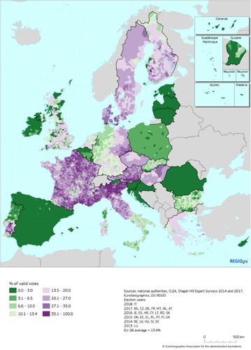 Figure 4. Minimum share of the vote for parties opposed or strongly opposed to European integration, 2013–18.