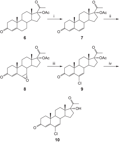 Figure 2.  Synthesis of compounds 7–10. Reagents and conditions: (i) chloranil, AcOH, toluene, reflux 4 h; (ii) m-chloroperbenzoic acid (mCPBA), benzene, reflux 4 h; (iii) HCl, Ac2O, 24 h, room temperature; (iv) NaOH, MeOH, reflux 2 h.