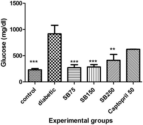 Figure 2. Comparison of blood glucose levels between the studied groups (SB: Satureja Bacchitaria); *Show significant difference compared to the diabetic group (***p < 0.001 and **< 0.01).