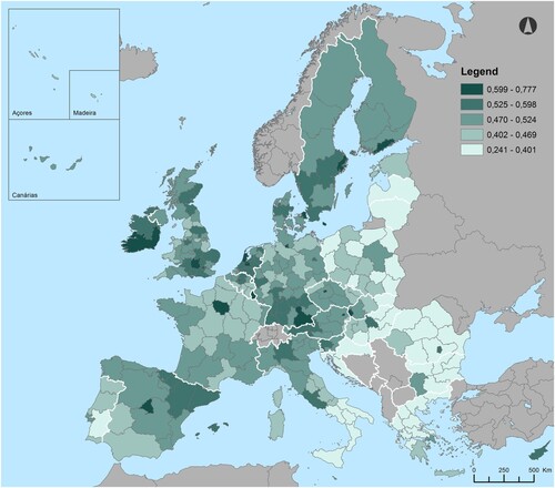 Figure 1. Regional development index (RDI) in the EU in 2008.Source: Eurostat; authors’ calculations.