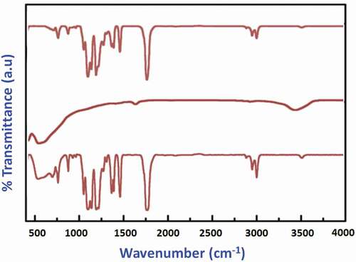 Figure 1. FTIR spectrum of (a) PEEK/PMMA, (b) TiO2 NPs, and (c)TiO2–PEEK/PMMA samples.