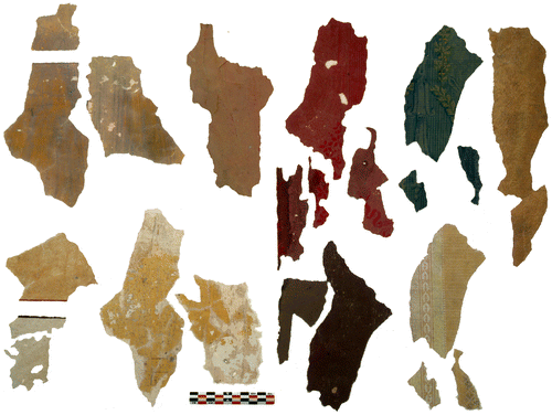 Figure 5. Fragments of wallpaper and laminates removed from 119 New Bond Street (© English Heritage ASC 8808 2008.7).