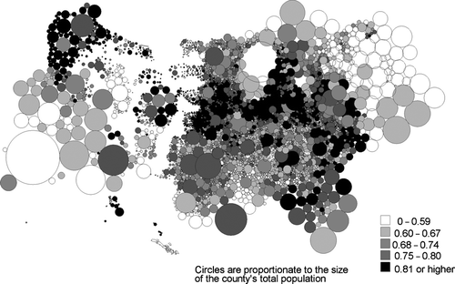 Figure 7 Simpson index of religious diversity in 2000, Dorling cartogram. Intervals contain equal number of counties. (Source: Glenmary and Polis data.)