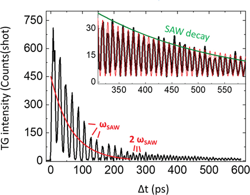 Figure 24. The black line is the EUV TG signal in backward diffraction from a bulk StTiO4 sample. The red line in the main figure represents the e−Δt/τT term (see EquationEquation 20(20) ITG=|ATe−Δt/τT+ΣiAicos(ωiΔt)e−Δt/τi|2,(20) ), while the red line in the inset is the damped sinusoidal oscillations due to the term exp−2Δt/τSAWcos(ωSAWΔt)2, which is the only one left once the thermal decay is over (see EquationEquation 20(20) ITG=|ATe−Δt/τT+ΣiAicos(ωiΔt)e−Δt/τi|2,(20) ). While the amplitude of the thermal relaxation decays, the oscillation frequency changes from from ωSAW to 2ωSAW, as highlighted by the red segments. The green line in the inset illustrates the time decay of the SAW. Figure adapted from [Citation265].
