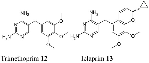 Figure 5. Chemical structure of the DHFR inhibitor trimethoprim 12. Its congeners (brodimoprim, tetroxoprim, etc.) have slightly different moieties replacing the 4-methoxy group of 12Citation57. The new DHFR inhibitor iclaprim 13 is also shownCitation57.