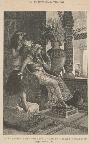 FIGURE 4 ‘En Egyptisk dams toalett under den XIX: de Dynastien (1450–1200 f. Kr.)’ [An Egyptian Lady’s Beauty Parlor during the XIX Dynasty (1450–1200 AD] published in Ny Illustrerad Tidning (1889). Courtesy of National Library, Stockholm