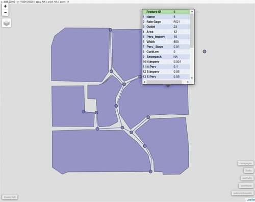 Figure 3. Interactive visualisation of SWMM Example 1 model structure using the mapview package.