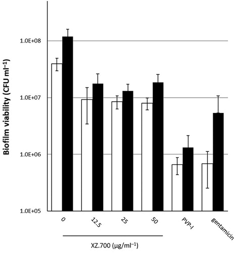 Figure 2. Comparison of the effect of 4 h exposure to XZ.700 (12.5, 25 and 50 µg ml−1), PVP-I (0.35%), and gentamicin (1000 µg ml−1) on biofilm viability in 24 h (white bars) and 48 h (black bars)-old MRSA biofilms. *Significant reduction in biofilm viability compared with the no treatment control, p < 0.05.