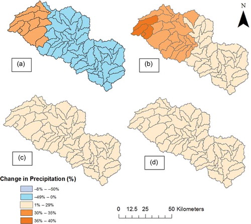 Figure 5. Percent change in mean annual precipitation (from baseline) for the mid-century under: (a) CRCM-CGCM3, (b) HRM-HADCM3, (c) RCM3-CGCM3, and (d) RCM3-GFDL.