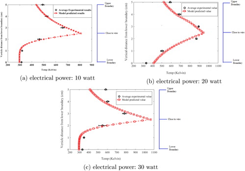 Figure 2. Steady state spatial temperature profile in HWG cell: experimental measurements and simulations.