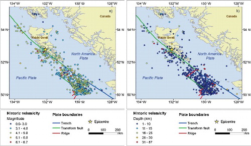 Figure 4. Historic seismicity off-shore Canada and the epicentre of the October 28 earthquake: (a) magnitude; (b) focal depth.