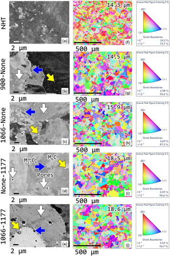 Figure 1. Microstructures of the non-heat-treated (NHT) and heat-treated Hastelloy X examined on the transverse (x-y plane) cross-section: (a)–(e) BSE micrographs of grain interior and grain boundaries, (f)–(j) inverse pole figure (IPF) maps showing overall grain morphology. The colors in (f)–(j), as indexed by the legend, indicate the crystallographic orientation along the normal direction (also the build direction z). The numbers in (f)–(j) indicate the average grain size.