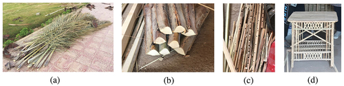 Figure 3. Date palm midribs. (a) whole leaves, (b) cross-section, (c) slats, (d) common table. (photos by the author).