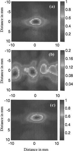 Figure 5. Focusing quality improvement using cavitation-based aberration correction. Transverse cross-section of the focal pressure amplitude from an ultrasound imaging array after propagation through water only (a) and an intervening rubber aberrator without correction (b) and with cavitation-based aberration correction (c) (this figure is from Pernot et al. [Citation138]).