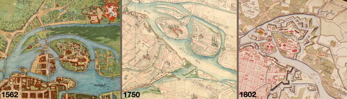 FIG. 10 Developement of fortification outside Ziegel and Sand Gates in 1562, 1750 and 1802. Fragments of plan of Weiner, Wernher (BUWr ref. 2318; ref. R 551, PDM 1.0 DEED) and Poblotzky (GStA SPK XI. HA, ref. E 72090, PDM 1.0 DEED).