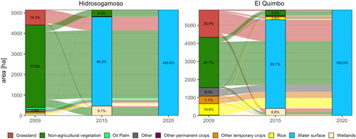 Figure 7. Alluvial plots showing the LULC trajectories for the reservoir areas hidrosogamoso (left) and El Quimbo (right) in 2020 for both study regions. The colors of the connecting flows correspond to the class in 2009.