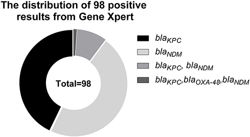 Figure 3 The distribution of 98 positive rectal samples confirmed by Gene Xpert detection on admission. 15.56% (98/630) of the patients carried carbapenemase genes from the result of the rectal swabs of Gene Xpert detection on admission.