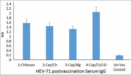 Figure 5. HEV71 Post-Vaccination IgG antibody response. Shows the mean IgG antibody level of each group triplicate samples assayed in Indirect ELISA. The dual delivery of the vaccine induced the highest due to vaccine adsorption to nano-CaP and intradermal immunization. 1-Vaccine loaded in Chitosan, 2-Vaccine-Adjuvant loaded in Chitosan, 3-Vaccine-Adjuvant loaded in Alginate, 4-Intradermal (Vaccine-Adjuvant) & Oral (Vaccine-Adjuvant loaded in Chitosan) combined routes & Rabbits control group, (P = 0.0006).
