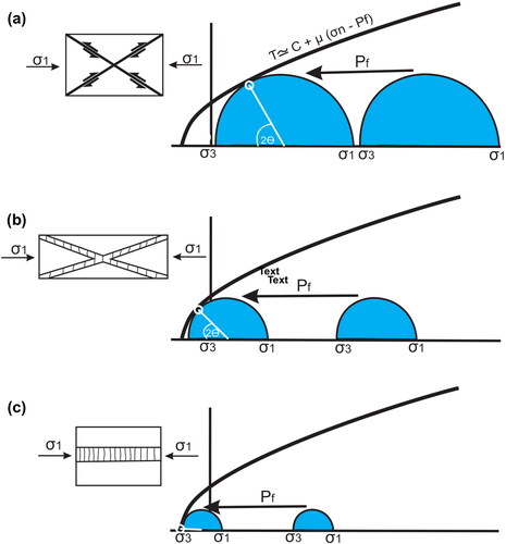 Figure 6. (a) Conventional Andersonian faulting scenario with the Mohr circle (blue) with radius being the differential stress (ϭ1–ϭ3); this shows the maximum and minimum stresses shifted to the left by fluid pressure Pf. Where the Mohr circle intersects the failure envelope, there is conjugate faulting with an angle between the maximum stress and failure θ of about 30°. Faulting of this nature is present in Cu–Au porphyry deposits. Where this faulting is along rough surfaces, open spaces that may be mineralised occur along the fault; these deposits show some textural evidence of open space filling. (b) Mohr circle for low differential stress. The Mohr circle can be shifted to the left by the fluid pressure Pf, and the minimum stress becomes negative. Where the Mohr circle intersects the failure envelope, there is conjugate failure with dilation (Ridley, Citation1993). This appears to be the most reported vein geometry in porphyry copper systems (e.g. Skarmeta, Citation2021 for the Chuquicamata deposit) with an angle between the maximum stress and failure θ typically less than 30°. (c) Mohr circle for low differential stress (Mohr circle radius) and Pf high, the Mohr circle intersects the failure envelope with an α angle of 0°, producing flat hydraulic veins in a valve-like activity (e.g. Sibson, Citation1996). This is widely reported from porphyry systems (e.g. Cannell et al., Citation2005 for El Teniente) but is rarely dominant. Fluid conditions are of Pf/Pl = 1 or greater.