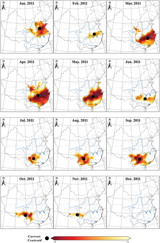 Figure 9. Spatiotemporal description of the 2011 drought event in South China based on the SPI3-CRA index.