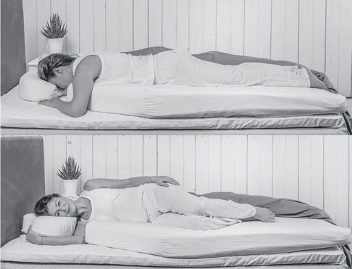 Figure 2. Subject in a prone body and head position with the nose mostly perpendicular to the underlying bed (up). Lateral sleep position with comfortable placement of the shoulder and the arm (down).