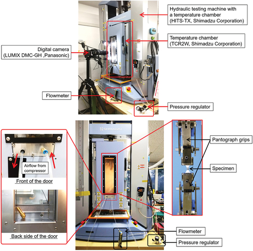 Figure 3. Mechanical material testing machine with a temperature chamber (above: overall view, below: close-up view of air flow system and specimen holder).