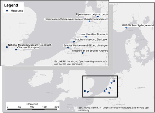 Figure 2. Map of museums where ship models were scanned, including the Netherlands, Belgium, Norway, and the United Kingdom (US model location in New Jersey not shown). (Author).