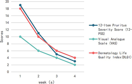 Figure 3 Questionnaire evaluation of abrocitinib before and after treating patients with EPPP. Pruritus was assessed using the visual analog scale (VAS) and the 12-item pruritus severity scale (12-PSS), and data on quality of life were assessed using the dermal life quality index (DLQI).