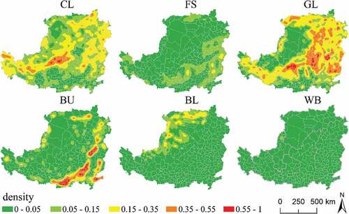 Figure 4. Kernel density map of land use/cover changes (LUCC) in the Loess Plateau from 1992 to 2015 (CL: Cultivated land; FS: Forests; GL: Grassland; BU: Built–up land; BL: Bare land; WB: Waterbodies).
