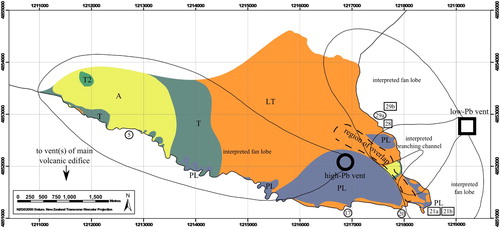 Figure 10. Map showing inferred volcanic depositional systems and positions of two small volcanic centres. Positions of depositional fan lobes and branching channel indicated by features in outcrop. Argillite is derived from the main volcano’s central vent(s); tuff and lapilli tuff from satellite vents form the marked lobes. Trace element sample numbers are marked on the map; positive Pb anomaly = oval symbols, negative Pb anomaly = rectangles.
