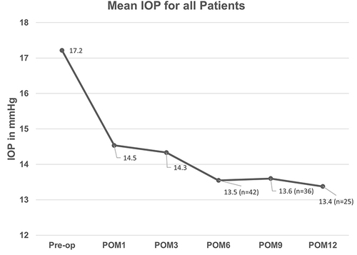 Figure 1 Mean IOP for all patients over time.