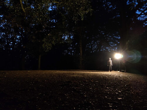 Figure 2. Hayley Matthews preparing to begin Lakes of Anima in Hampstead Heath. Photo by author.