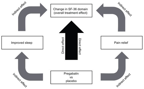 Figure 3 Mediational analysis model, illustrating that the change in SF-36 domain score (overall treatment effect) may be due to a direct effect of pregabalin on that particular SF-36 domain (direct effect) or may be mediated through pregabalin-driven pain relief or improvements in sleep (indirect effects).
