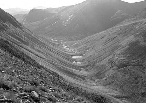 Figure 19 Avalanche boulder tongues crossing the highest part of the Lairig Ghru and ascending a short distance up the opposite slope