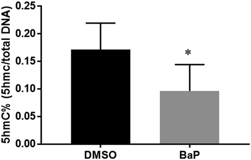 Figure 1. Quantification of 5hmC% in the neural tissue of E10.5 embryos exposed to benzo(a)pyrene (BaP) using an ELISA-like assay (mean±SD; n = 12).DMSO, dimethyl sulfoxide; ELISA, enzyme-linked immunosorbent assay. *p < 0.05 vs. DMSO control.