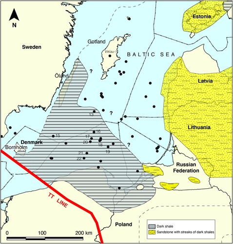 Figure 7. Reconstruction of facies belts during the Early Tremadocian. Revised from Männil (Citation1966), Heinsalu (Citation1986), Heinsalu and Bednarczyk (Citation1997), Modliński et al. (Citation1999) and Popov et al. (Citation2019): A. striated, grey areas denote dark shales and deep marine facies; B. dotted, yellow areas indicate siliciclastics and more near shore conditions. Black streaks in the sandstone denotes thin intercalations of dark shales in the sandstone sequence. The picture shows the tentative facies distribution of the Tremadocian ASF and contemporaneous dark shales and siliciclastics before the onset of the Jelgava Depression (Modliński et al. Citation1999, fig. 5). TT on the map marks the Teisseyre-Tornquist Line. On Gotland, finds of Tremadocian ASF have been reported from the drill core Viklau-1 (Andersson et al. Citation1985). In the upper right corner of the picture is the western part of the Türisalu Formation.