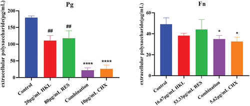 Figure 8. Effect of drugs on biofilm extracellular polysaccharide of Pg and Fn (n = 3).