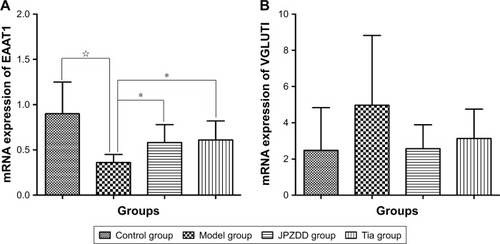 Figure 7 The mRNA expression of EAAT1 and VGLUT1 after treatment.