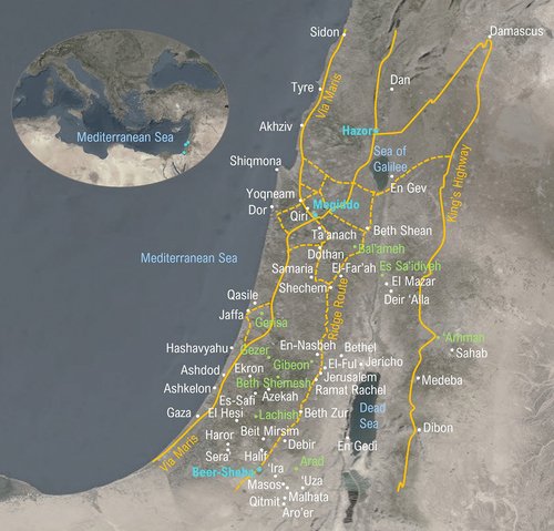 Figure 1. Main tels in the Southern Levant region in the Iron Age period (1000–586 BCE). Coloured names indicate tels with ancient water collecting systems. Megiddo, Hazor, and Beer-Sheba in light blue colour comprise the serial nomination.