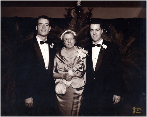 Figure 3. With his mother, Ruby Viola Holbrook (age 53), and older brother, Stewart Ralph Roberts, Jr., MD (left), at Stewart’s wedding in 1957.