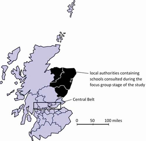 Figure 1. The local authorities areas of Scotland and the location of schools in this study relative to the main population centres in the Central Belt.