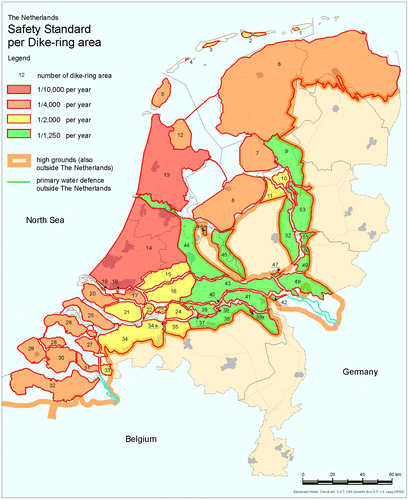 Figure 1. Overview of flood defences and old safety standards used until the year 2016. Source: Public information from the Dutch government (Rijkswaterstaat).