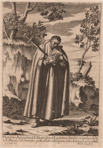 Figure 4 ‘P. Ignatius Azevedius S.I.’ Ignatius de Azevedo stands pierced by a sword and holding the Salus Populi Romani Madonna. In Tanner Citation1675, 167. Courtesy of the John Carter Brown Library.