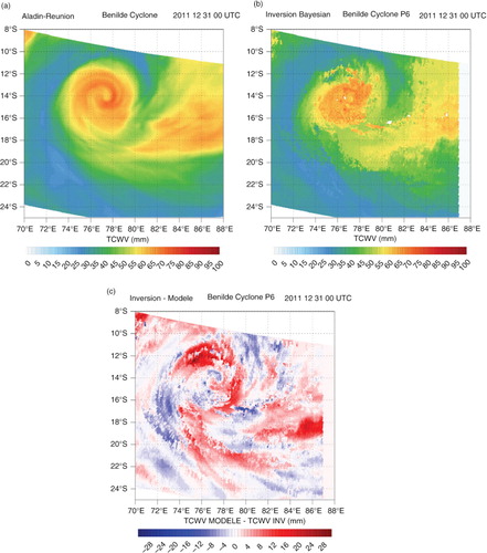 Fig. 12 TCWV (expressed mm) from a 6-h forecast of the ALADIN-Réunion model (a), produced by the Bayesian inversion of SAPHIR T b (b) together with the difference of the two fields (showing the corrections induced by the SAPHIR observations) (c) over the tropical cyclone Benilde (31 December 2011 at 0000 UTC).