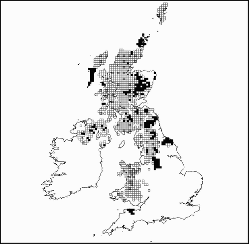 Figure 1. Distribution of 10-km squares occupied by Merlins in the UK between 1968 and 2007. Black squares indicate those surveyed by RSG members, and grey squares indicate those selected randomly for coverage by RSPB staff and volunteers in 2008. The white squares were not covered during the survey.