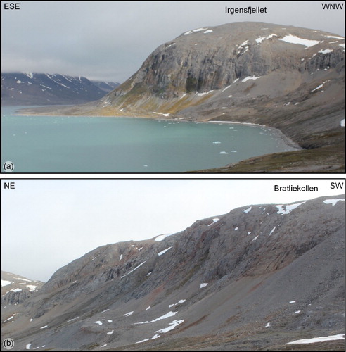 Figure 8. Panoramic view of the Irgensfjellet (a) and Bratliekollen (b) rock slopes.