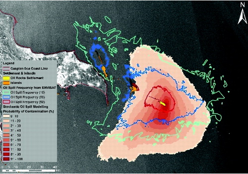 Figure 21. Oil spill frequencies and oil contamination probability around the Oil Rocks Settlement.